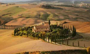 Colline toscane, un casale circondato da cipressi, come una scena da Il Gladiatore.