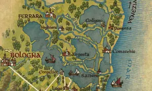 Antica via Romea Germanica mappa: Bologna, Ferrara, Ravenna e Venezia collegate da fiumi e canali.