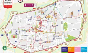 Mappa di Lucca con itinerari a piedi, incluso il Giro delle Mura di 4,223 km. Esplora chiese, monumenti, arte e giardini di Lucca e dintorni.