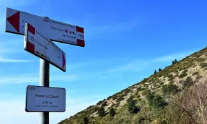 Segnaletica escursionistica sul **Monte Pisano**, indica il Passo di Dante a 215 m e sentieri per S. Giuliano Terme.
