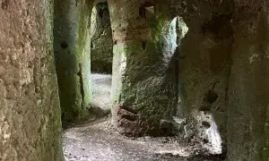 Sentiero tra antiche grotte in Toscana, con pareti rocciose ricoperte di muschio e foglie secche sul terreno.