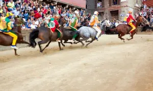 Cavalli e fantini colorati corrono nella polvere del **Palio di Siena**. La folla assiste con passione.