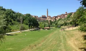 Un prato verde con persone che passeggiano, sullo sfondo il belsedere di Siena con i suoi edifici storici e la torre del Mangia.