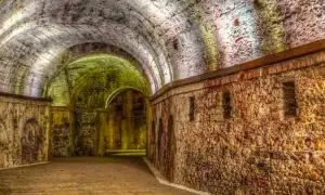 Antiche volte e mura in pietra di una domus romana a Lucca, illuminate da luci soffuse che creano un'atmosfera suggestiva.
