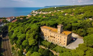 Castiglioncello cosa vedere: un castello imponente circondato da una pineta rigogliosa, con il mare all'orizzonte.