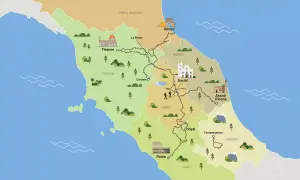 Mappa illustrata di percorsi a piedi in Italia centrale, con tappe da Firenze a Roma, passando per Assisi e Cortona, ideali per cammini in Toscana e oltre.