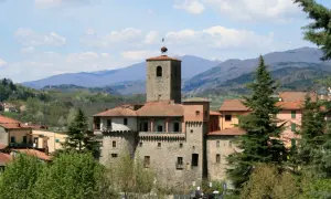 La Rocca Ariostesca domina il borgo con la sua torre imponente, circondata da case dai tetti rossi e verdi colline.