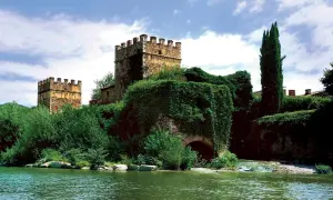 Antiche gualchiere di Remole, torri medievali immerse nel verde, si specchiano in un fiume tranquillo sotto un cielo nuvoloso.