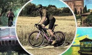 Ciclista su strade bianche toscana bici, tra campi di grano e scorci di borghi medievali.