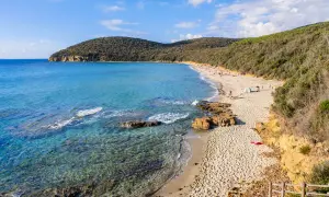 Spiaggia delle Bandite di Scarlino con acque cristalline, sabbia dorata e vegetazione rigogliosa. Persone rilassate al sole.