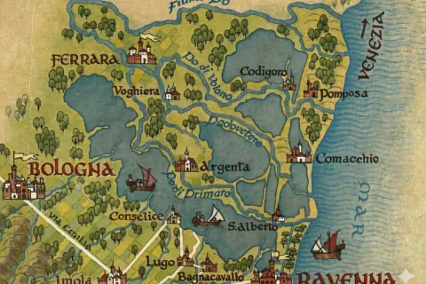 Antica via Romea Germanica mappa: Bologna, Ferrara, Ravenna e Venezia collegate da fiumi e canali.