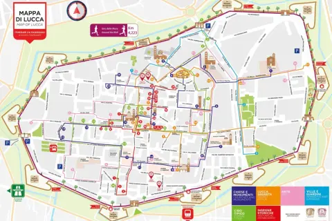 Mappa di Lucca con itinerari a piedi, incluso il Giro delle Mura di 4,223 km. Esplora chiese, monumenti, arte e giardini di Lucca e dintorni.