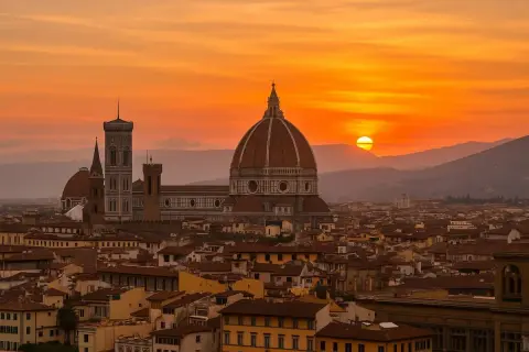 Un magico sonnenuntergang florenz illumina il Duomo e i tetti della città, creando un'atmosfera incantevole.