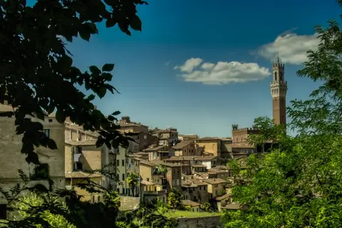 Panoramica di Siena con la Torre del Mangia, un'idea di cosa vedere a Siena di sera, tra vicoli e scorci suggestivi.