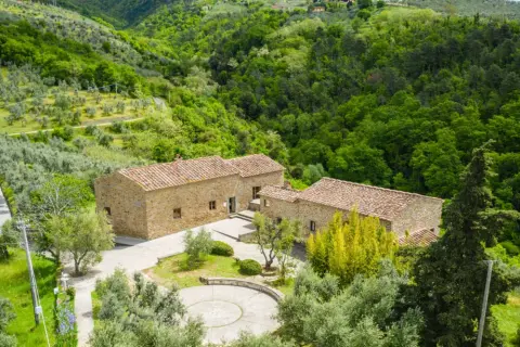 Casolare in pietra immerso nel verde della campagna di Vinci, Toscana, tra ulivi e boschi rigogliosi.