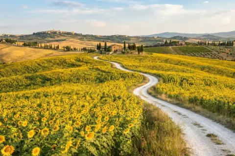 Un serpeggiante sentiero bianco attraversa un vasto campo di girasoli in fiore, con dolci colline toscane e un borgo sullo sfondo.