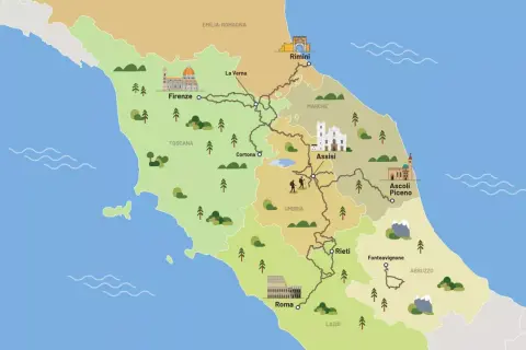 Mappa illustrata di percorsi a piedi in Italia centrale, con tappe da Firenze a Roma, passando per Assisi e Cortona, ideali per cammini in Toscana e oltre.