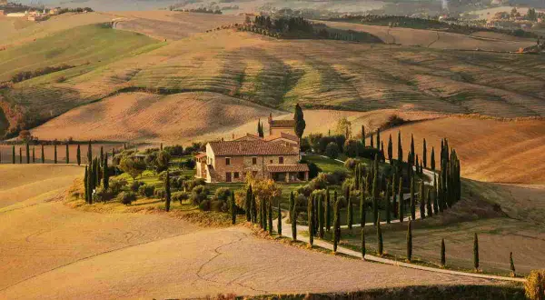 Colline toscane, un casale circondato da cipressi, come una scena da Il Gladiatore.