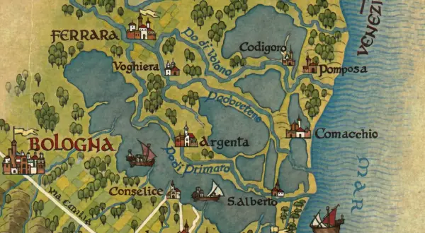 Antica via Romea Germanica mappa: Bologna, Ferrara, Ravenna e Venezia collegate da fiumi e canali.