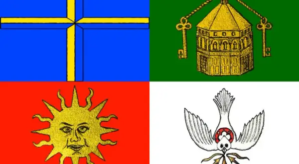 Le bandiere dei 4 quartieri di Firenze: Azzurro con croce gialla, verde con battistero e chiavi, rosso con sole furente, bianco con colomba.