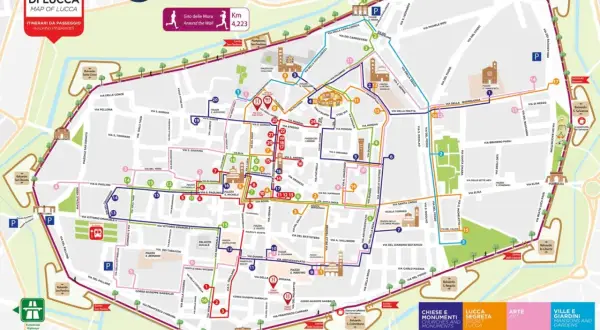 Mappa di Lucca con itinerari a piedi, incluso il Giro delle Mura di 4,223 km. Esplora chiese, monumenti, arte e giardini di Lucca e dintorni.