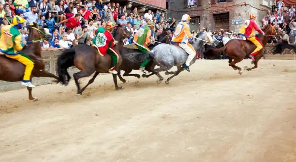 Cavalli e fantini colorati corrono nella polvere del **Palio di Siena**. La folla assiste con passione.