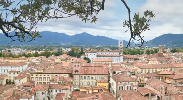 Panoramica di Lucca con tetti rossi e campanili, ideale per scoprire cosa vedere a Lucca in un giorno.