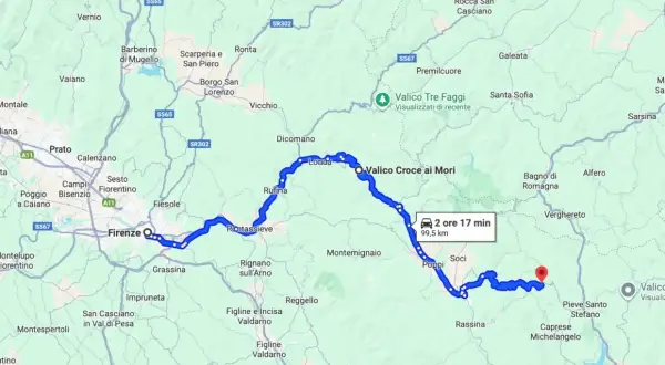 Itinerari moto Emilia Romagna: mappa da Firenze a Valico Croce ai Mori, 99,5 km, 2 ore 17 min.