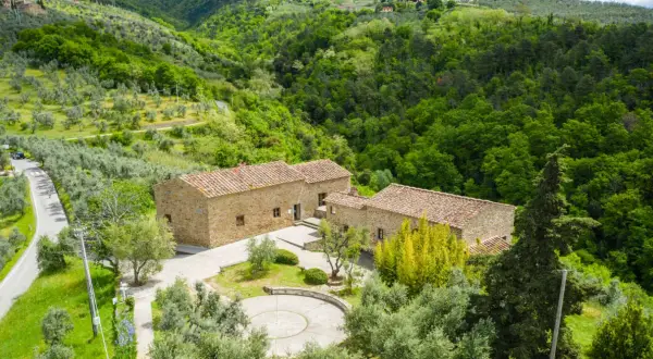 Casolare in pietra immerso nel verde della campagna di Vinci, Toscana, tra ulivi e boschi rigogliosi.