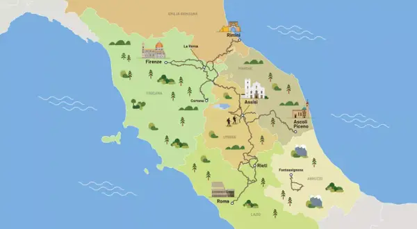 Mappa illustrata di percorsi a piedi in Italia centrale, con tappe da Firenze a Roma, passando per Assisi e Cortona, ideali per cammini in Toscana e oltre.