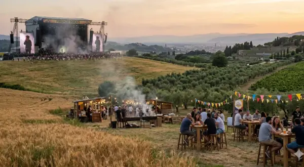 Un grande palco per il festival toscana con artisti e folla. In primo piano, bancarelle di cibo e persone che si godono l'atmosfera.