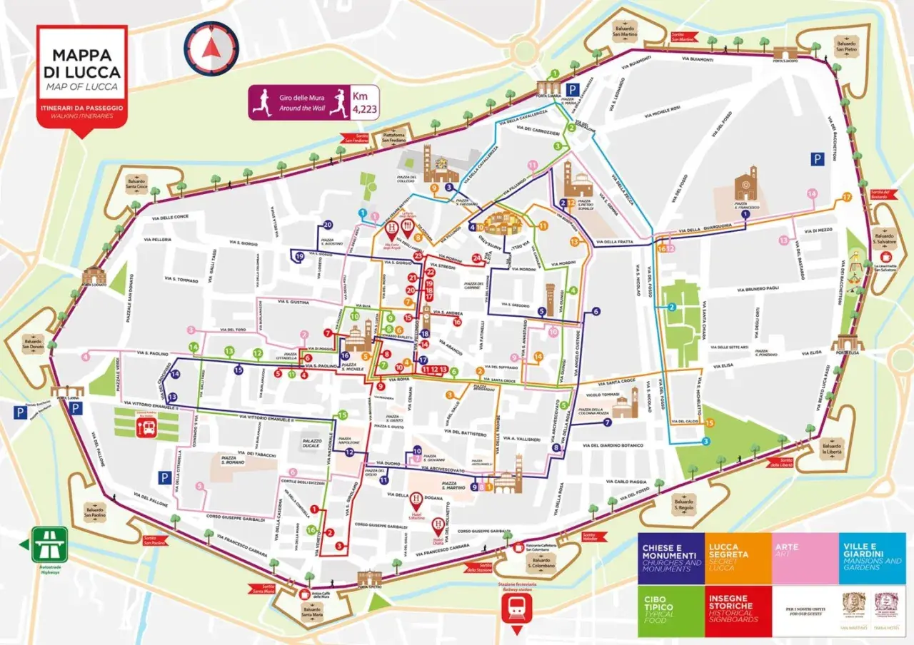 Mappa di Lucca con itinerari a piedi, incluso il Giro delle Mura di 4,223 km. Esplora chiese, monumenti, arte e giardini di Lucca e dintorni.