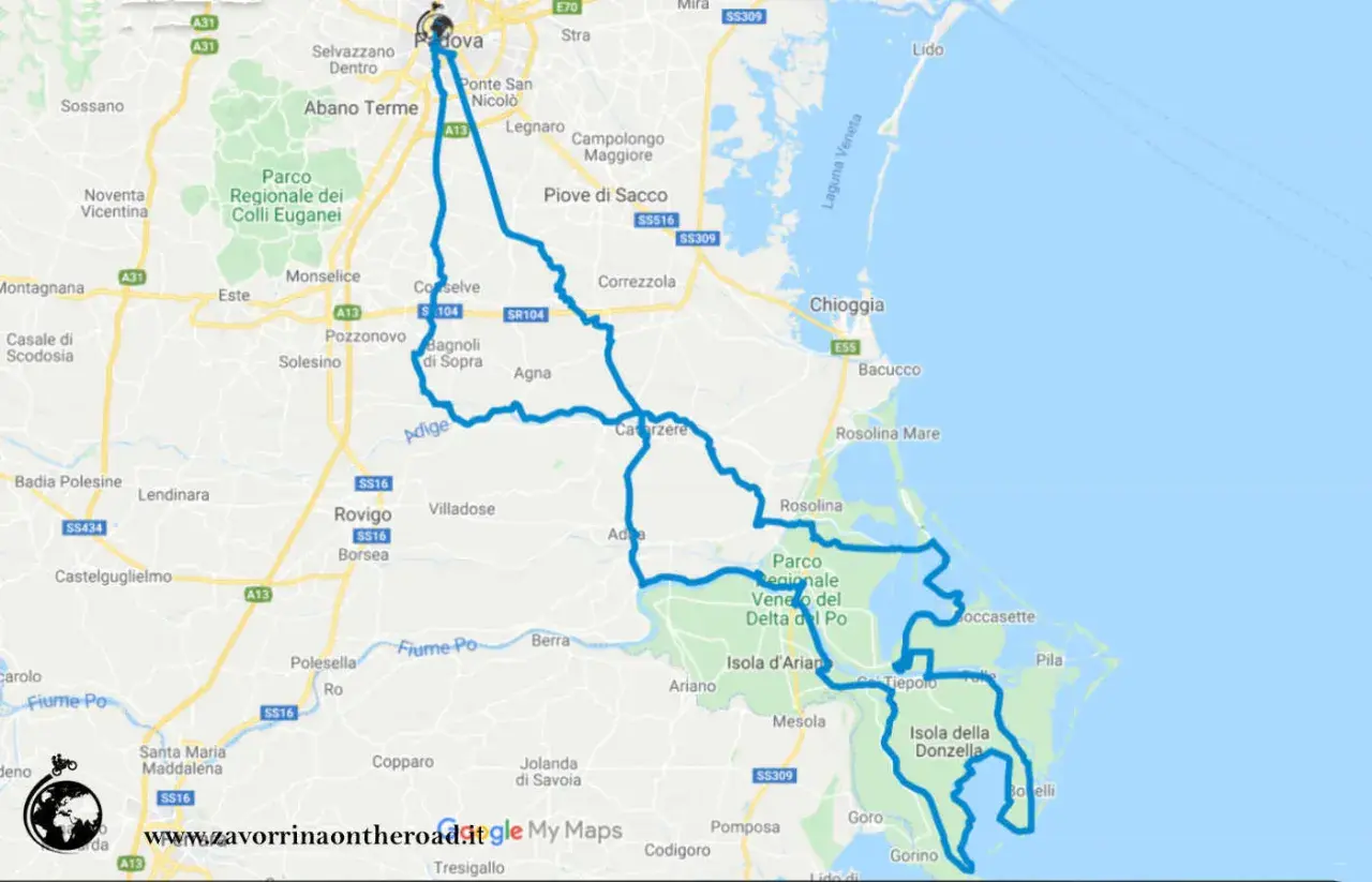 Mappa di un tour in moto nel Delta del Po, con itinerario blu che parte da Padova e attraversa la laguna e le isole.