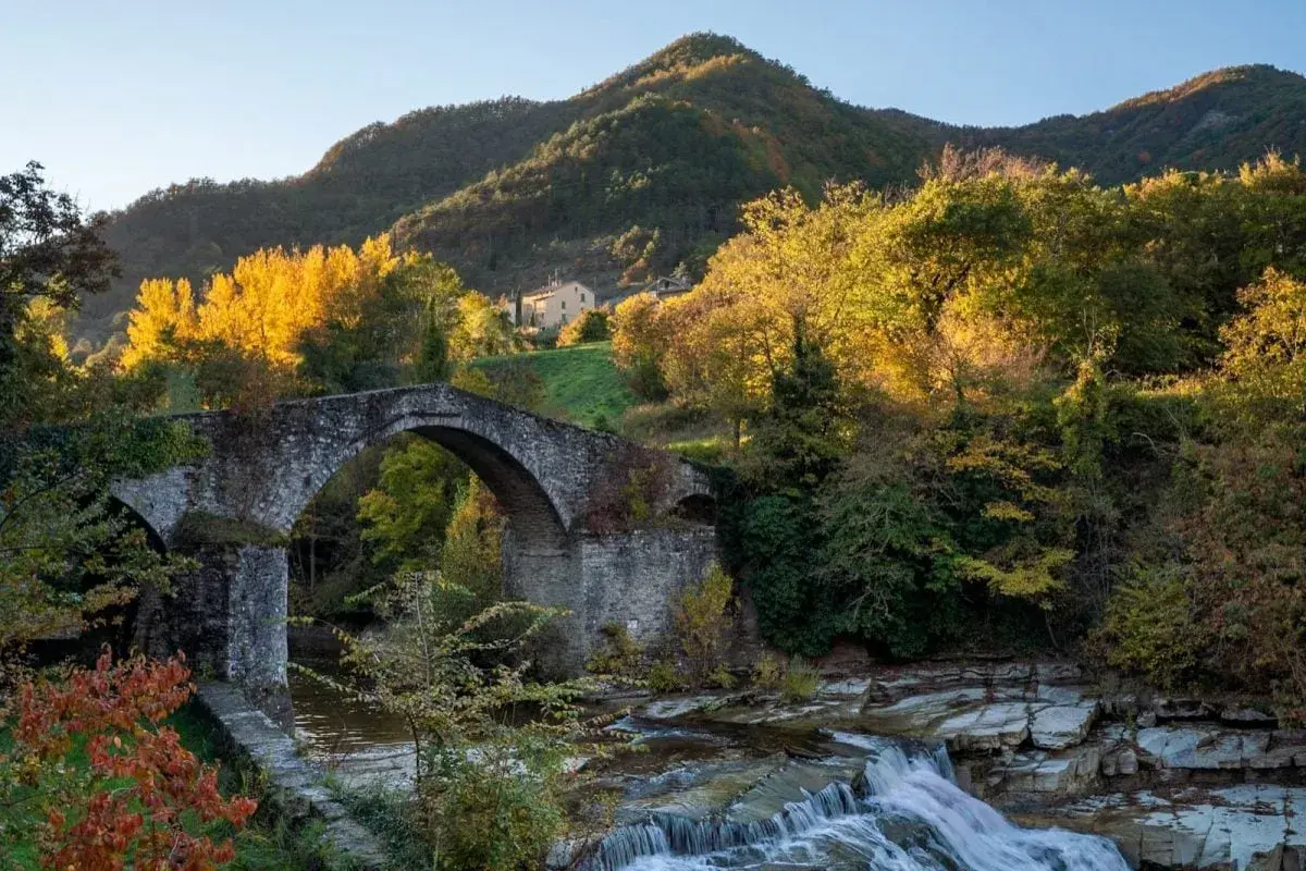 Ponte romano su un fiume con cascata, circondato da alberi autunnali e colline forlivesi cosa vedere.