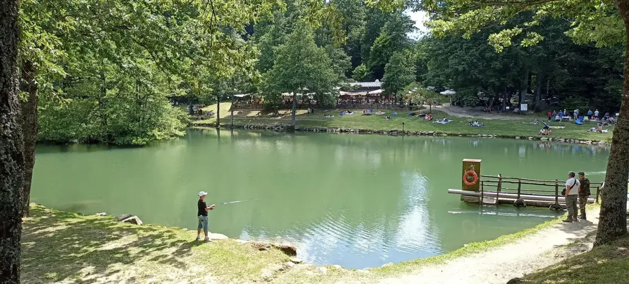 Un ragazzo pesca sul lago Pontini, circondato da alberi e persone che si rilassano sull'erba.