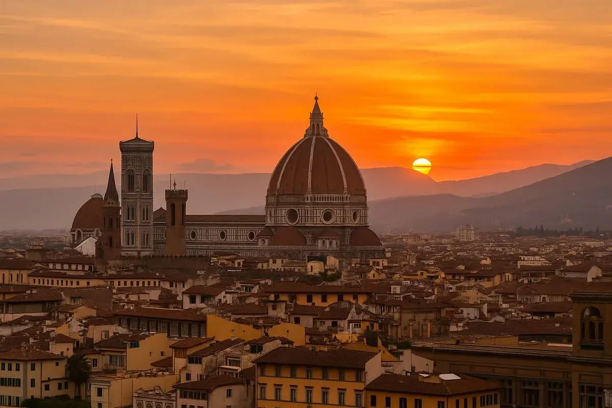 Un magico sonnenuntergang florenz illumina il Duomo e i tetti della città, creando un'atmosfera incantevole.
