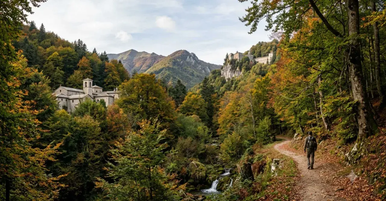 Un escursionista percorre un sentiero tra le Foreste Casentinesi in autunno, con un monastero e un eremo sullo sfondo.