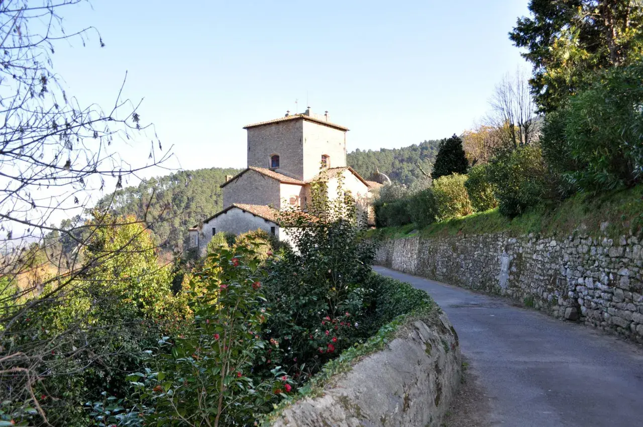 Strada panoramica verso Sant'Andrea di Compito, con un antico borgo in pietra e vegetazione rigogliosa.
