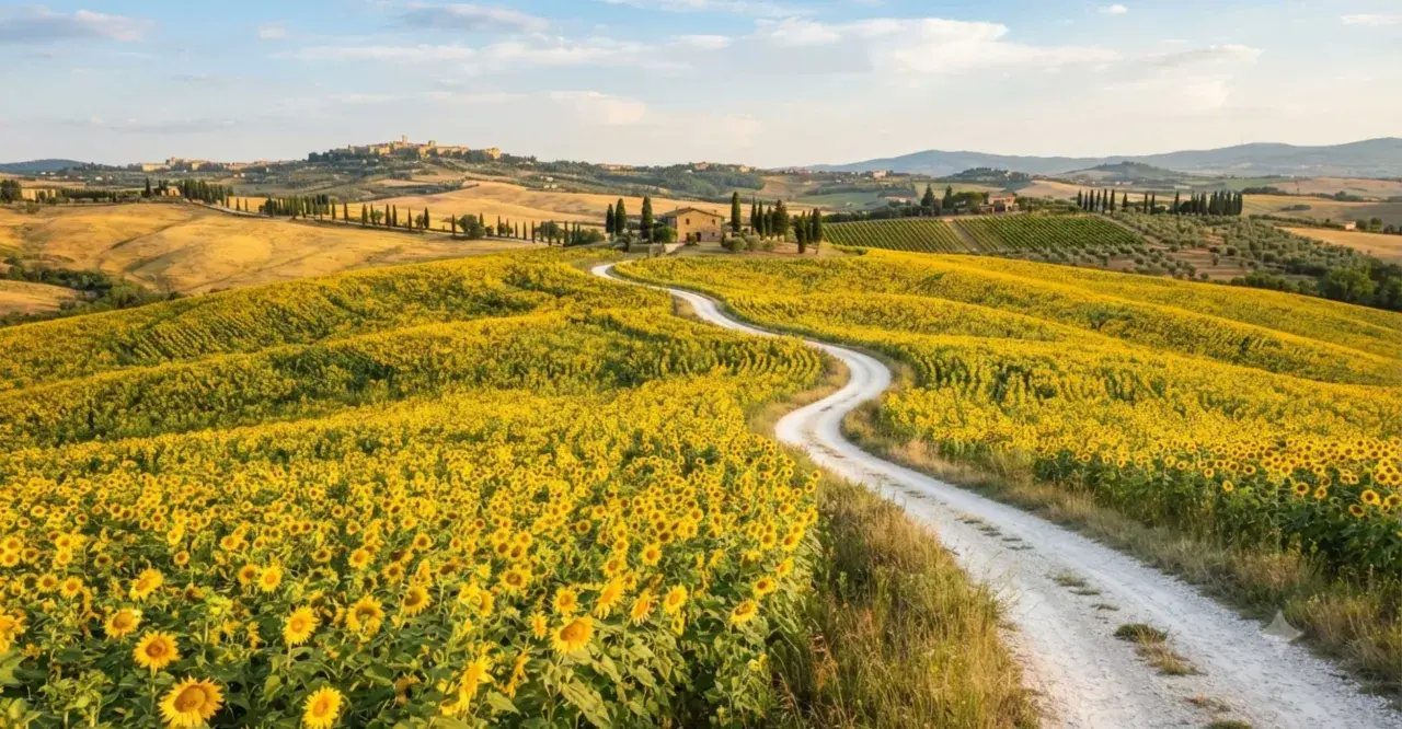 Un serpeggiante sentiero bianco attraversa un vasto campo di girasoli in fiore, con dolci colline toscane e un borgo sullo sfondo.