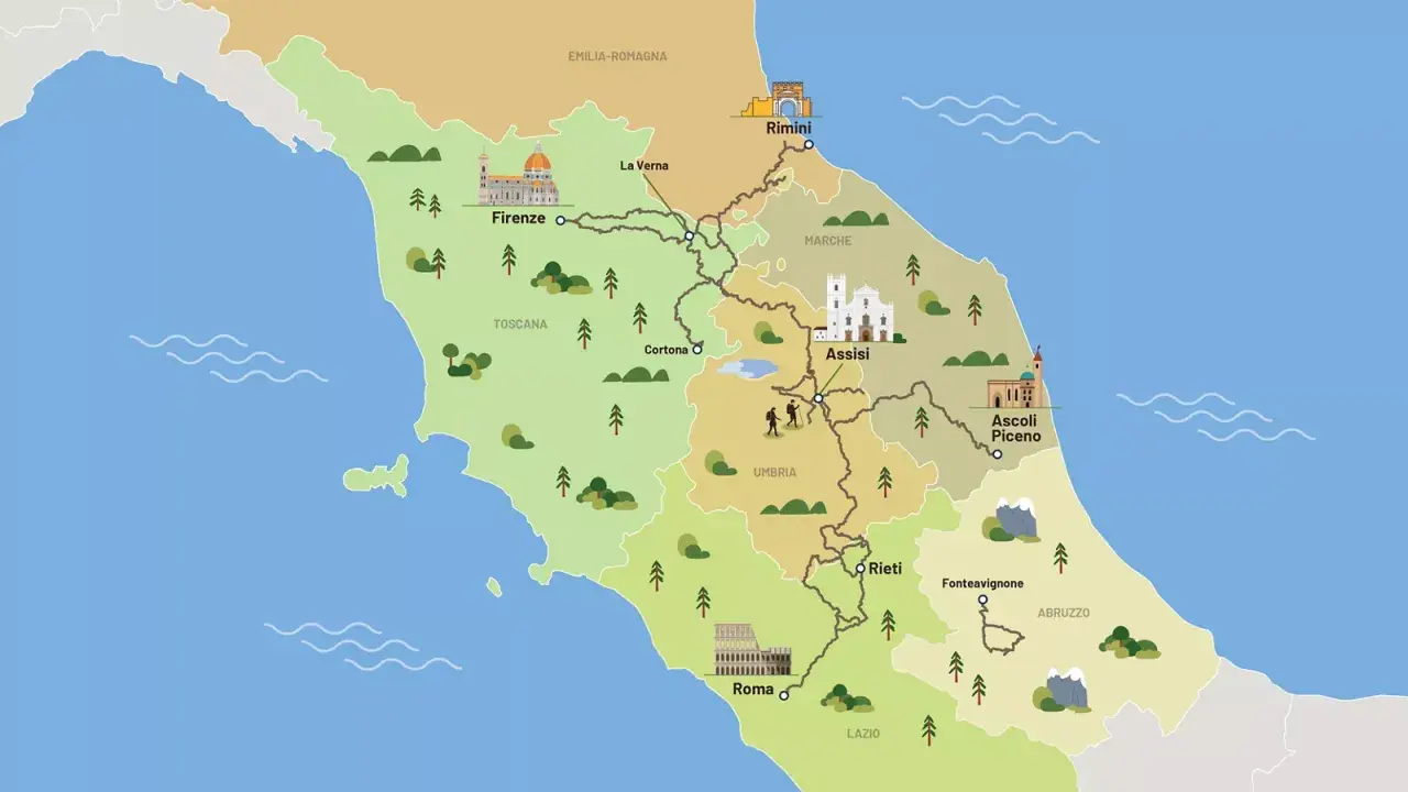 Mappa illustrata di percorsi a piedi in Italia centrale, con tappe da Firenze a Roma, passando per Assisi e Cortona, ideali per cammini in Toscana e oltre.