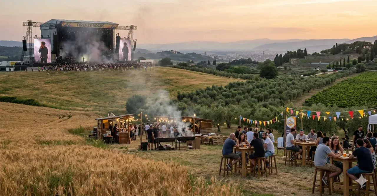 Un grande palco per il festival toscana con artisti e folla. In primo piano, bancarelle di cibo e persone che si godono l'atmosfera.