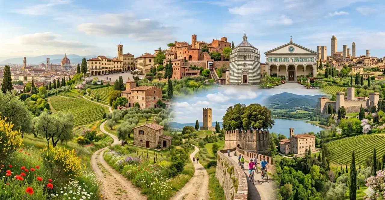 Panoramica di borghi toscani, vigneti e castelli, perfetti per gite fuori porta da Firenze.