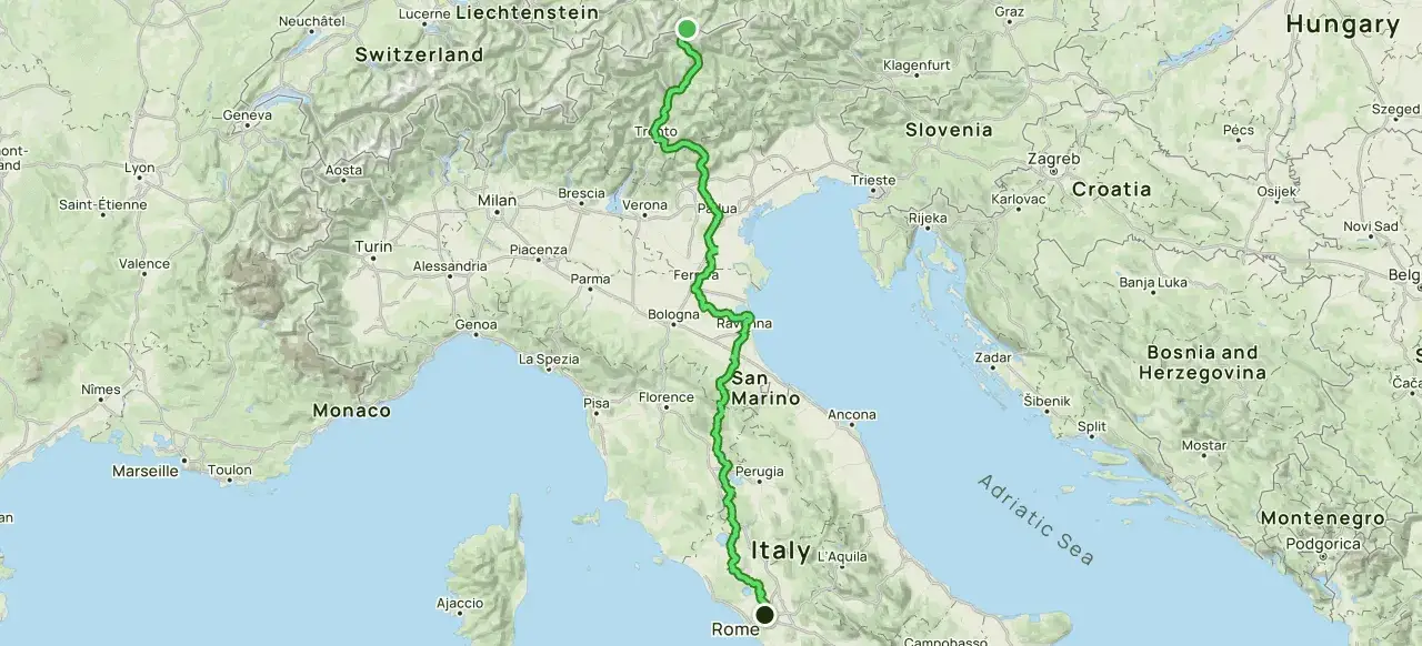 Via Romea Germanica mappa: un percorso verde attraversa l'Italia da nord a Roma, passando per Trento, Bologna e Firenze.