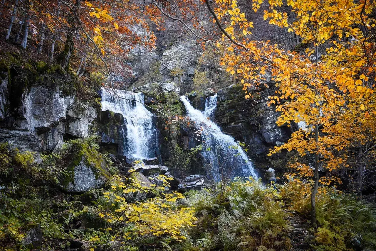 Cascate bologna in autunno, con foglie dorate che incorniciano la roccia e l'acqua che scende impetuosa.