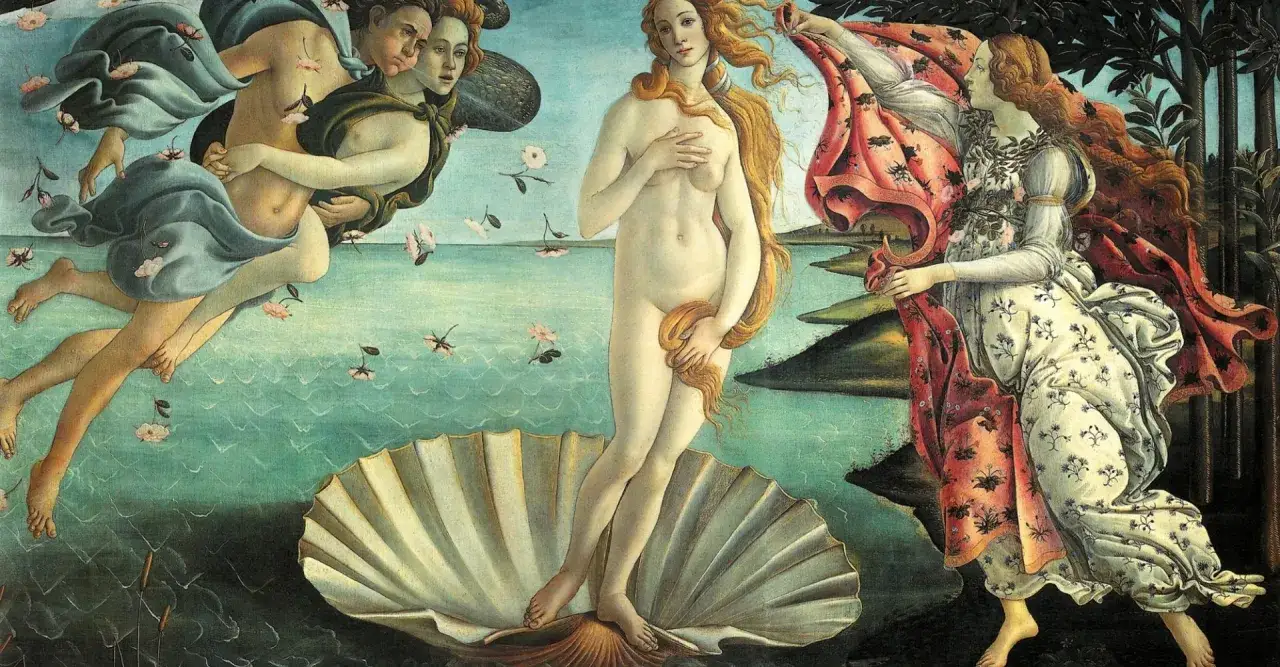 La Nascita di Venere, un capolavoro da vedere agli Uffizi. La dea emerge dal mare su una conchiglia, accolta da Zefiro e da una delle Ore.