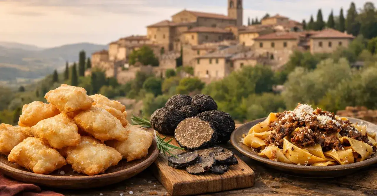 Sapori toscani: fritti, tartufi e pasta con ragù, sullo sfondo di un borgo, come in una delle tante sagre a Firenze.
