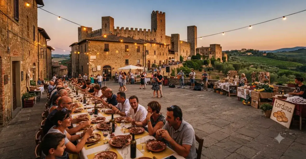 Un suggestivo festival toscana con una lunga tavolata imbandita, musica dal vivo e bancarelle di prodotti tipici sotto un castello medievale.