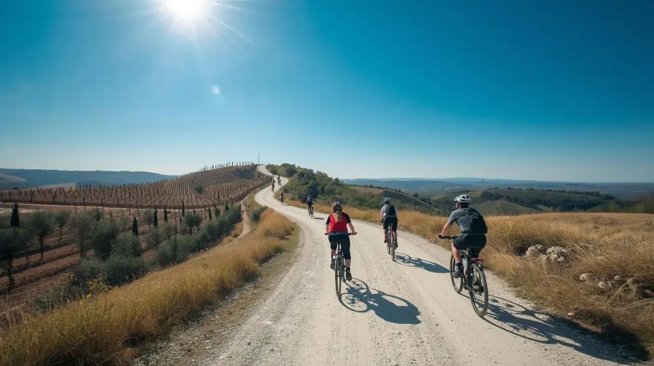 Ciclisti su strada sterrata tra vigneti e uliveti, godendosi splendidi giri in bici in Toscana sotto un sole splendente.