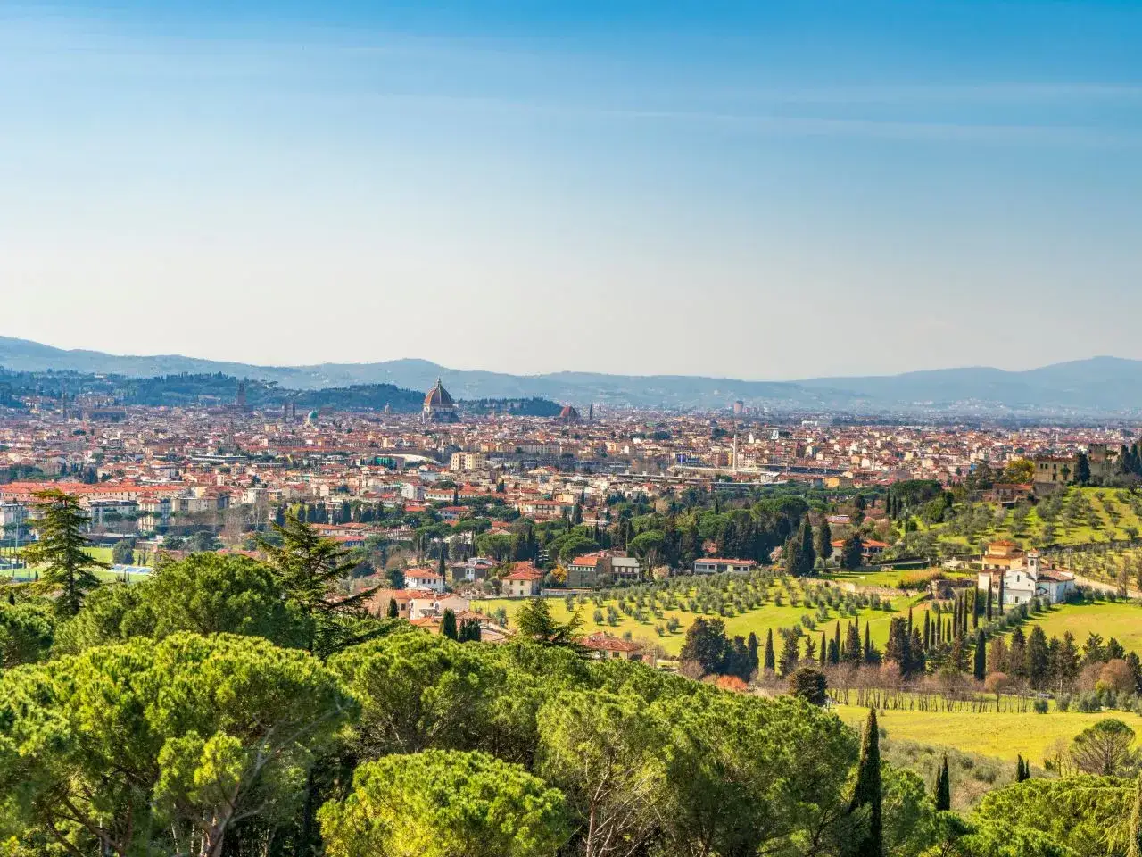 Vista panoramica di Firenze, un luogo perfetto dove fermarsi tra Bologna e Firenze, con colline verdi e pini marittimi in primo piano.
