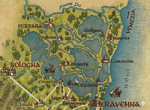 Antica via Romea Germanica mappa: Bologna, Ferrara, Ravenna e Venezia collegate da fiumi e canali.